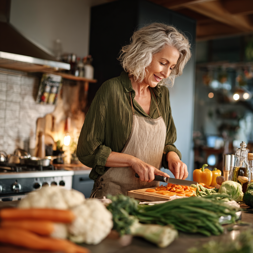 Mature adult preparing healthy balanced meals in modern kitchen