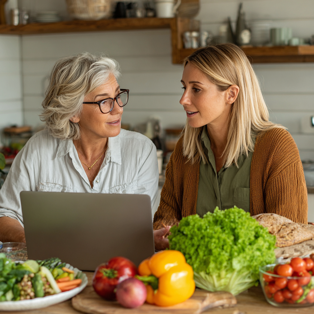 Middle-aged nutritionist consulting with adult client about healthy meal planning